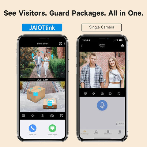 Smartphone screen displaying 2K Dual Lens Video Doorbell With Chime, Local Storage Up To 512GB, including live video feed of visitors.