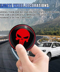 Hand holding Skull Car Wheel Hub Center Cap Sticker 2.2 Inch Metal Waterproof Rustproof Emblem Rim Cover in front of SUV