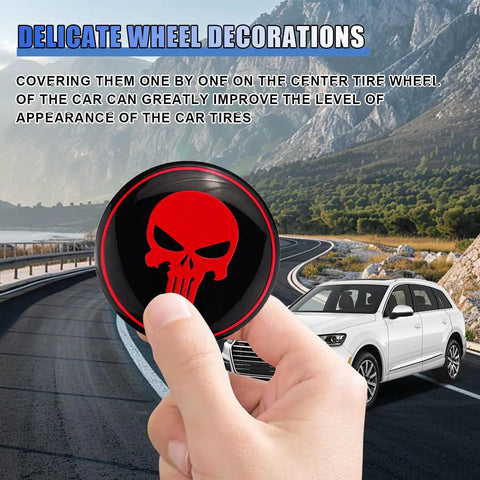 Hand holding Skull Car Wheel Hub Center Cap Sticker 2.2 Inch Metal Waterproof Rustproof Emblem Rim Cover in front of SUV