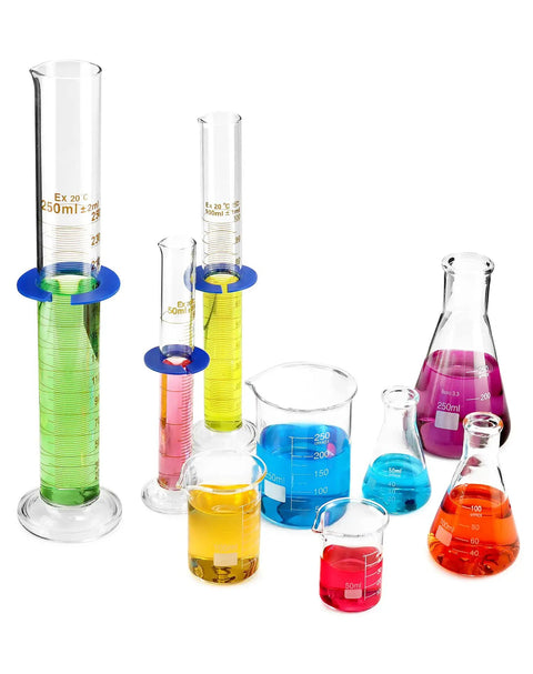 9 Piece Borosilicate Glass Labware Set With Beakers Erlenmeyer Flasks And Graduated Cylinders Heat Resistant Chemistry Gear