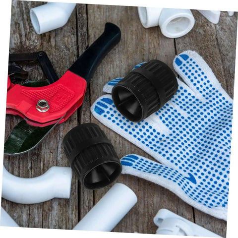Portable Tubing Reamer Tools Inner Outer Deburring Beveling for Copper Pipes next to gloves and cutter on wooden surface