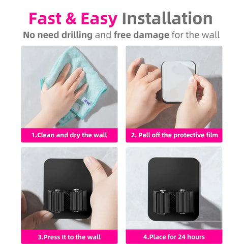 Installation steps for 4 Pack Wall Mount Broom And Mop Holder Set With Ultra Anti Slip Grippers for Kitchen, Bathroom, Closet, Garden And Garage No Drilling Needed Space Saving Organizer Black