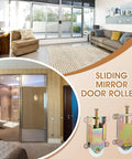 Installation view of 4 Pack Two And A Half Inch Sliding Mirror Closet Door Rollers Wheels Replacement Assembly with Nylon Concave Ball Bearing Wheels under sliding doors.