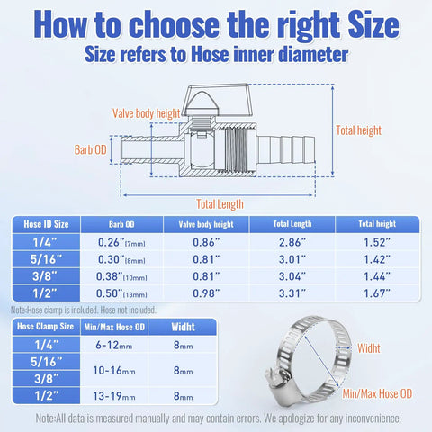Size chart for half inch hose ID barb ball valve with 304 stainless steel construction, includes clamp and dimensions.