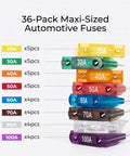 36 Piece Automotive Blade Fuse Kit Set With 32V Fuses From 20A To 100A color-coded stacked view.
