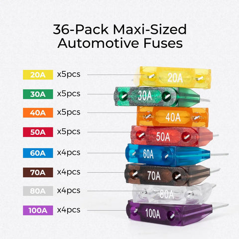 36 Piece Automotive Blade Fuse Kit Set With 32V Fuses From 20A To 100A color-coded stacked view.