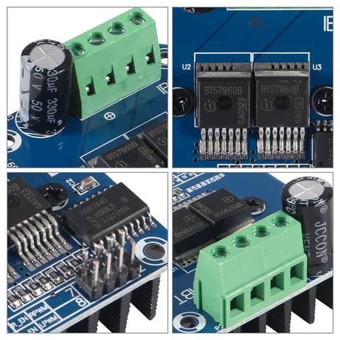 Four views of 5 Pack 43A DC Motor Driver Module H Bridge With PWM Current Limit for Smart Car Projects, showing BTS7960 components.