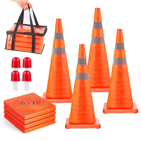4 Pack 28 Inch Collapsible Traffic Cones With Reflective Collar Orange Safety Cones For Driving Practice And Road Parking Portable Storage Easy Collapse Design Durable Build With Sturdy Materials Weather Resistant Quick Setup And Easy Storage In Trunk Or