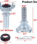 Four Piece Three Quarter Inch Hose Barb Air Fittings Kit With Safety Locks and Washers, product dimensions illustrated.