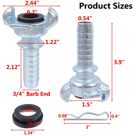 Four Piece Three Quarter Inch Hose Barb Air Fittings Kit With Safety Locks and Washers, product dimensions illustrated.