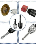 Two Pack Keyless Drill Chuck Adapter Set With One Quarter Inch Hex Shank for impact drivers, showing various tool attachments.