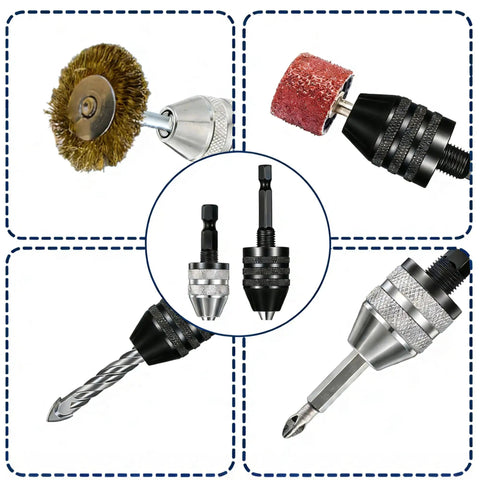 Two Pack Keyless Drill Chuck Adapter Set With One Quarter Inch Hex Shank for impact drivers, showing various tool attachments.