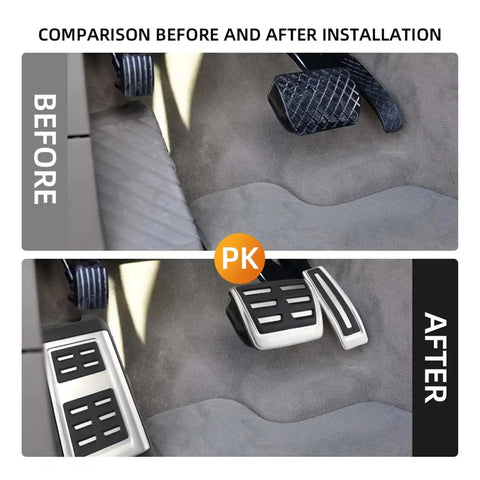 Comparison image showing before and after installation of Knockout Clutch Pedal Pads For Vw Touareg 2007 To 2018 with rubber cover.