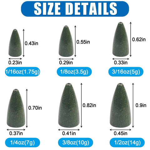 Size details of Bullet Shape Fishing Sinkers Lead Bullet Sinker Worm Weights 55 Piece Box Kit for Bass Fishing Texas Rig Carolina Rig.