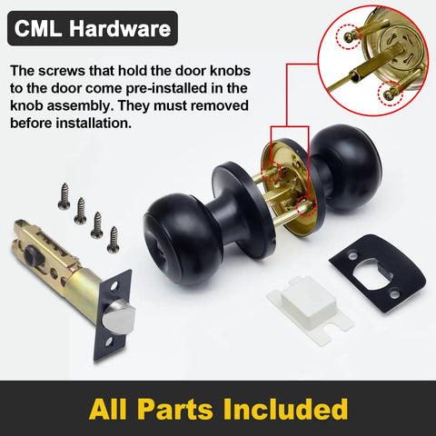 Privacy Door Knob With Keyless Lock Set In Solid Stainless Steel For Bedroom Or Bathroom, parts and screws shown