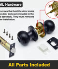 Exploded view of 10 Pack Interior Door Knobs With Privacy Locks In Matte Black Round Ball Handles, with all parts included.