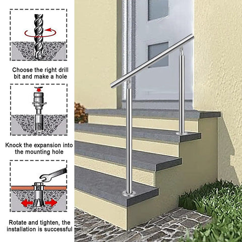 Installation steps for the Dang Solid Two Tier Outdoor Stainless Steel Railing For Front Porch And Patio Steps With Secure Floor Mount Base.