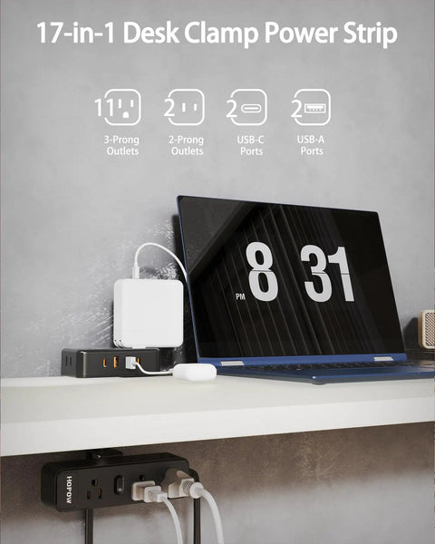 Laptop and Dual Layer Desk Clamp Power Strip With 13 Outlets And 4 USB Ports Including USB C, edge-mounted on desk