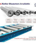 Heavy Duty 5 Pc Stainless Steel Conveyor Rollers For Warehouse Unloading And Factory Production Lines, showing various roller diameters.