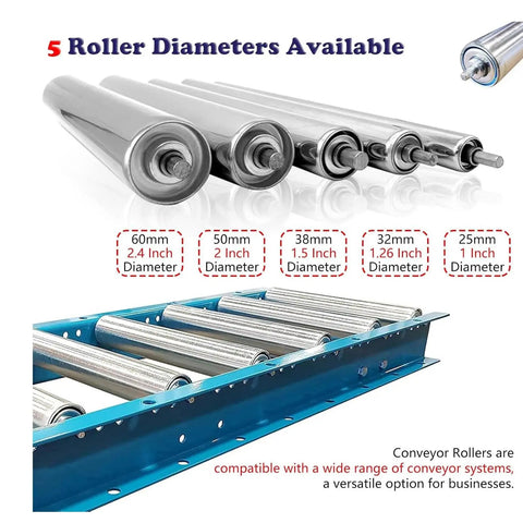 Heavy Duty 5 Pc Stainless Steel Conveyor Rollers For Warehouse Unloading And Factory Production Lines, showing various roller diameters.