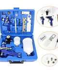HVLP Gravity Feed Spray Gun Set With Locking Regulator Gauge, Dual Head Nozzles 0.8mm 150ml And 1.4mm 600ml in blue case