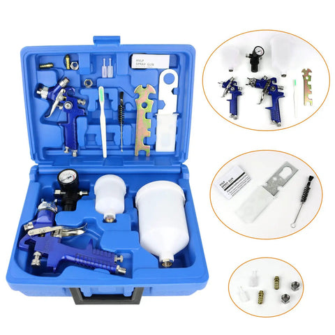 HVLP Gravity Feed Spray Gun Set With Locking Regulator Gauge, Dual Head Nozzles 0.8mm 150ml And 1.4mm 600ml in blue case