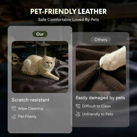 Comparison of pet-friendly leather durability with a cat on an oversized chaise lounge chair with wheels and footrest, ultra comfy.