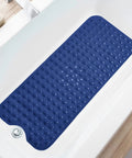 Extra Long Non Slip Bath Mat 39 X 16 Inch Machine Washable Shower Rug With Heavy Suction Cups And Fast Drain Holes Navy Blue in a bathtub.