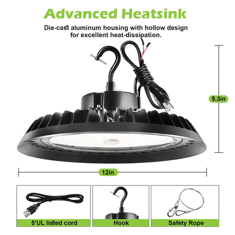 LED High Bay Light 150W Dimmable 1-10V 22,500LM 5000K UFO Fixture with 5ft US Plug