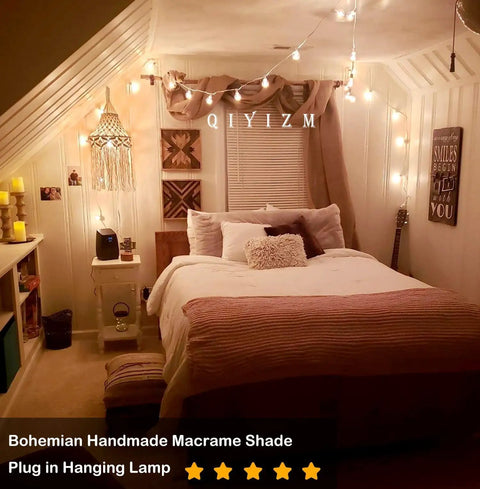 Cozy bedroom with Boho Plug In Pendant Light with macrame shade and hemp rope cord, dimmable switch attached to ceiling