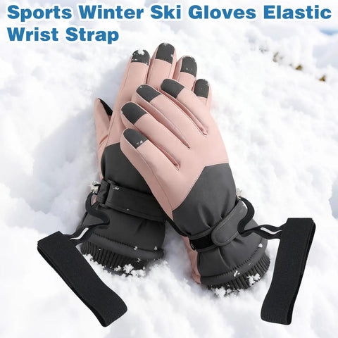 4 Pack Winter Ski Gloves With Elastic Wrist Straps For Men on snow, highlighting no slip secure fit and safety straps