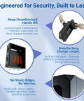 Infographic showing features of Outdoor EV Charger Enclosure With Key Lock, including lock system, vents, and smooth edges.