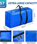 Heavy Duty 57 Gallon Jumbo Moving Bag With Extra Large 42 By 23 By 13.5 Inch Dimensions Massive Capacity For Clothes Blankets Pillows Bedding And More Durable Storage Tote For Moving Travel And Home Organization in blue with double zipper and foldable design.