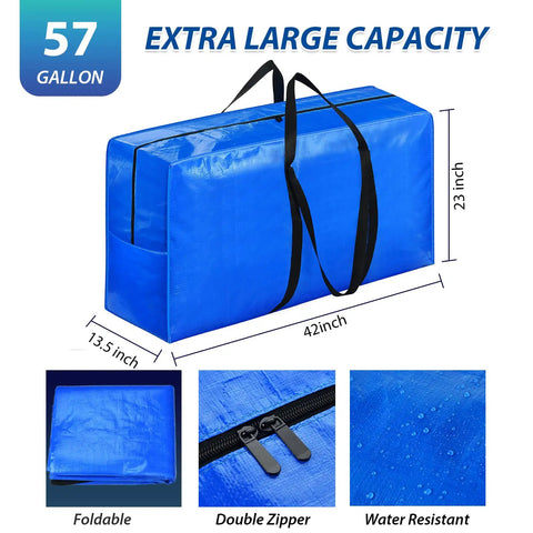 Heavy Duty 57 Gallon Jumbo Moving Bag With Extra Large 42 By 23 By 13.5 Inch Dimensions Massive Capacity For Clothes Blankets Pillows Bedding And More Durable Storage Tote For Moving Travel And Home Organization in blue with double zipper and foldable design.