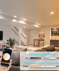 Smart Recessed Lighting 6 Inch Kit demo in living room, shows dimming and color temperature adjustment using smartphone app
