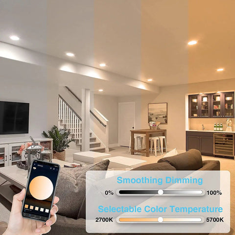 Smart Recessed Lighting 6 Inch Kit demo in living room, shows dimming and color temperature adjustment using smartphone app