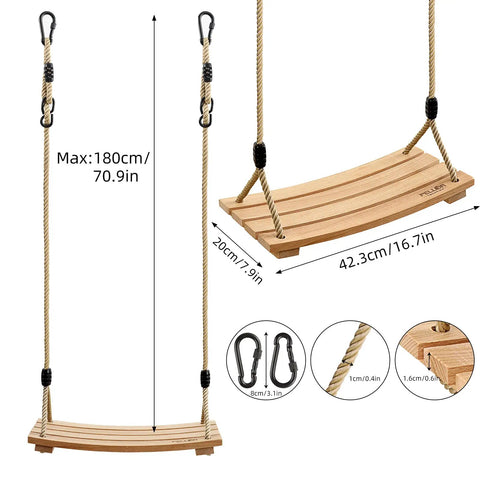 Beech Wood Tree Swing Seat With Adjustable Rope For Kids, ergonomic 16.5x7.9 inches non-slip seat, indoor outdoor play
