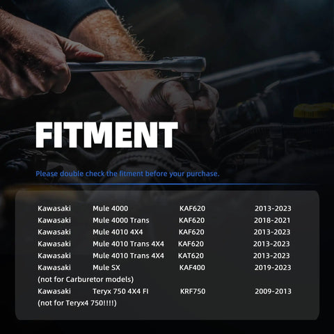 Mechanic using wrench with fitment chart for Fuel Pump Replacement Plug And Play Direct Fit For Mule 4010 4000 And Mule SX 4X4 KAF620 KAT620 2013-2023