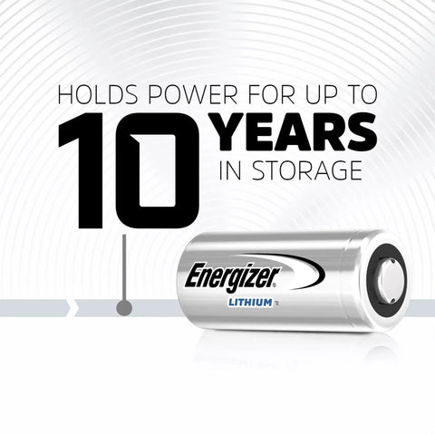 Energizer lithium battery with text about holding power for up to 10 years in storage, part of Hardcore 123 Lithium Batteries Bring Straight Up Power To Camera And Flashlight Gear Long Lasting 3V Photo Cells With Decade Storage Life Ultimate Replacement Two Pack.