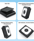 64GB Clip MP3 Player With Bluetooth For On The Go Music Ultra Portable Clip On Player With Simple Button Controls Hands Free Listening Screen Free Design And Easy Icon Interface A53PL showing back clip and buttons