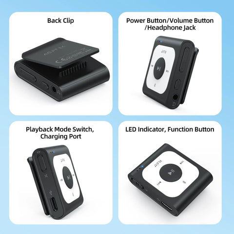 64GB Clip MP3 Player With Bluetooth For On The Go Music Ultra Portable Clip On Player With Simple Button Controls Hands Free Listening Screen Free Design And Easy Icon Interface A53PL showing back clip and buttons