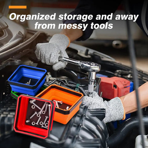 4 Pack Collapsible Silicone Magnetic Tool Trays With Dual Sided Magnetic Base Foldable 4.5 Inch Square Bowls for metal parts