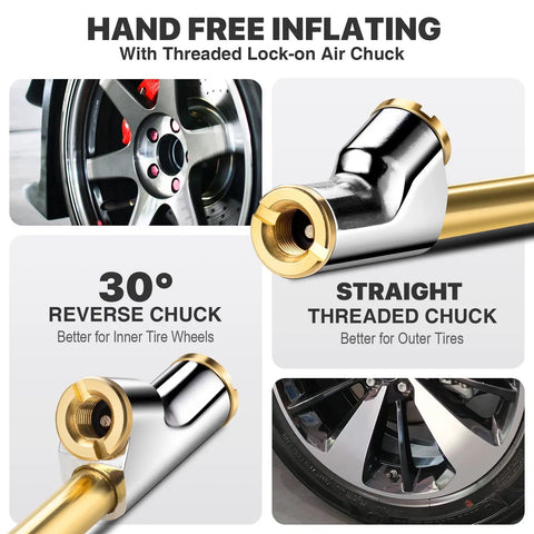 12 Inch Extended Reach Dual Head Heavy Duty Air Chuck With One Quarter Inch FNPT Connection Straight Foot Lock On Tire Inflator Chuck Quick Plug Kit For Trucks RVs And Semi Dual Tires Air Compressor Fill Kit with reverse and threaded options shown