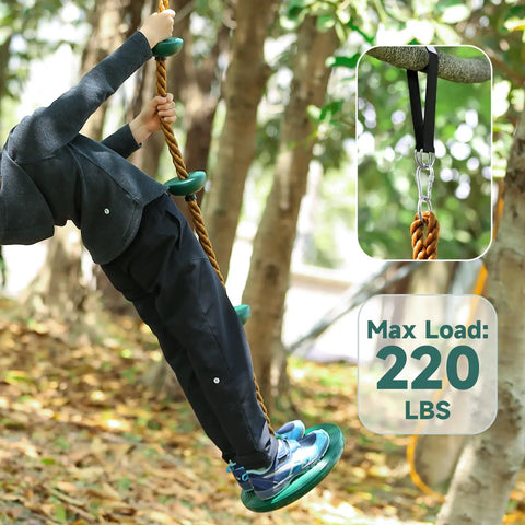 Child using Heavy Duty Kid Friendly Climbing Rope Swing Kit With Platforms And Disc Seat For Tree Or Swing Set Fun Outdoor Gear