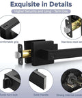 Privacy Door Lock Set 10 Pack Matte Black Keyless Door Handles showing features like comfortable grip, stainless steel latch, and zinc alloy body.