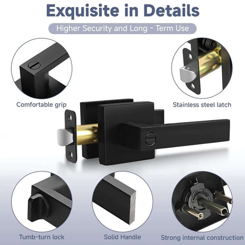 Privacy Door Lock Set 10 Pack Matte Black Keyless Door Handles showing features like comfortable grip, stainless steel latch, and zinc alloy body.