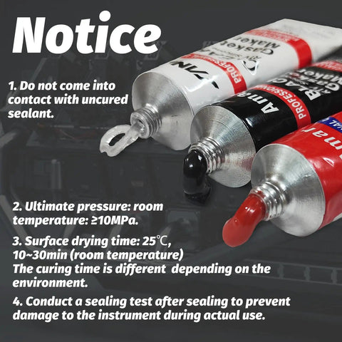 High Temp Red RTV Silicone Sealant For Engines, Gearboxes, Pumps And Superchargers, Oil Leak Proof Gasket Maker, Anti Freeze Safe, 170g, Heavy Duty Gasket Sealer tubes with notice.