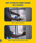 Person using Streak Free Glass Cleaner With Ammonia Based Pro Grade Formula on window in two steps: spray and wipe.