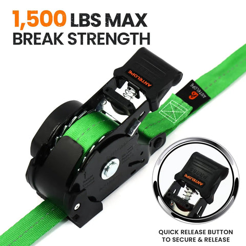 Super Sweet Retractable Ratchet Straps 1 Inch By 12 Feet 4pk High Octane Cargo Tie Downs With 500 Lb Working Limit close-up of quick release mechanism and strap design.