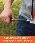 Person using 25 lb handheld bag seeder spreader with waterproof bag and enclosed gears on grass, focusing on crank handle.